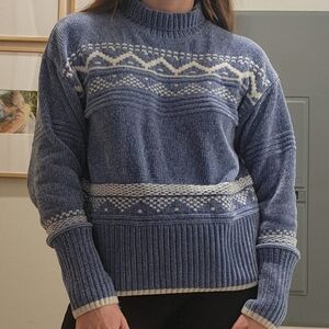 Blue and White Knit Mock Neck Fairisle Cottagecore Sweater